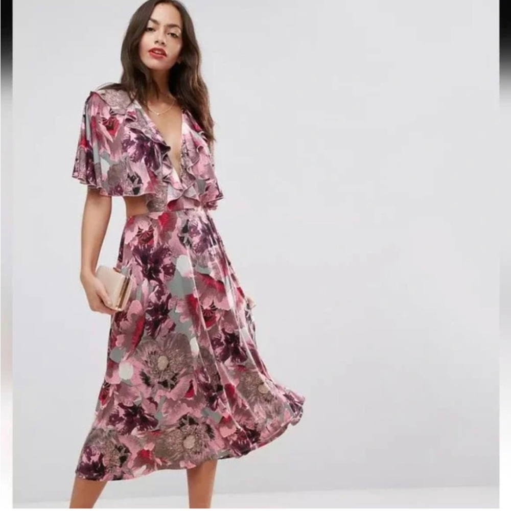 ASOS Pink Floral Ruffle Maxi Dress